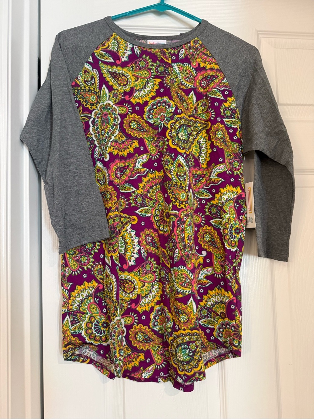 LuLaRoe Randy Gray-Sleeve Long Sleeve Top with Purple Paisley